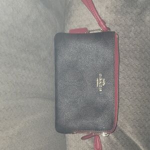 Coach Black and Red Clutch with Textured Leather and Metallic Logo